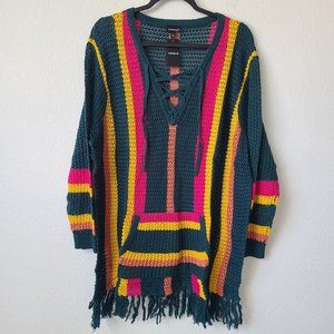 Torrid Striped Fringe Lace Up Pullover Longline Sweater Plus Size 1X Multicolor